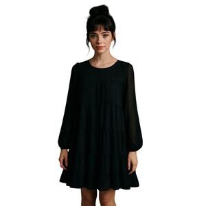 Jodifl Black Swiss Dot Long Sleeve Tiered Whimsygoth Babydoll Dress Large